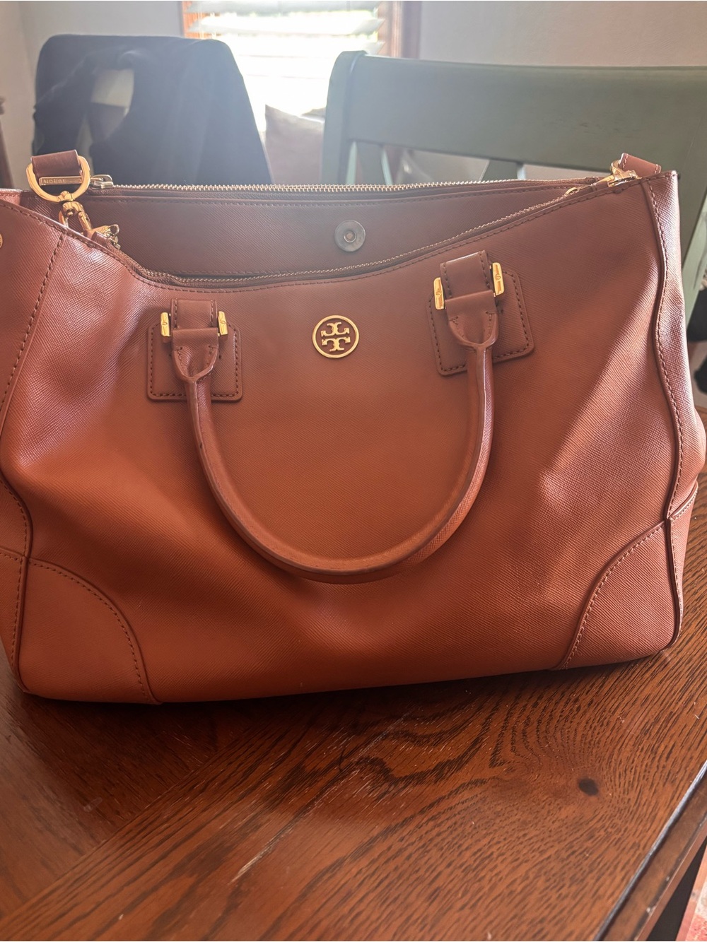 Tory Burch Cognac Leather Tote with Gold Hardware